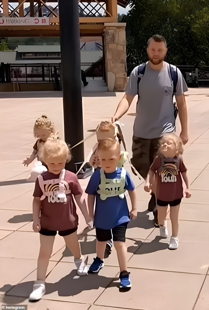 Father-of-five sparks furious debate after using a ‘LEASH’ to take his five-year-old quintuplets for a walk